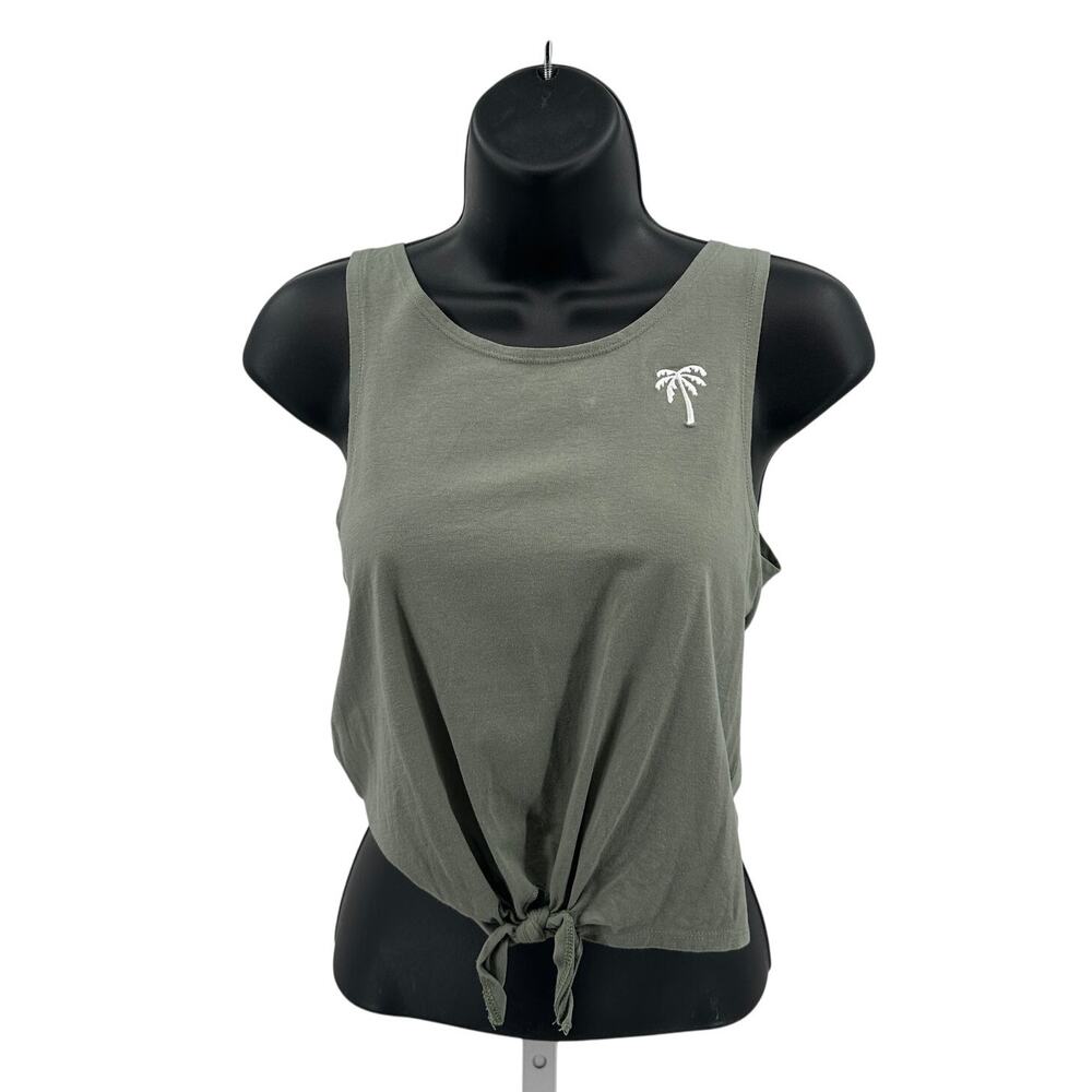H&M Basic Tank Top Girls 16/18 Green Knotted Hem Cropped Palm Tree Embroidered